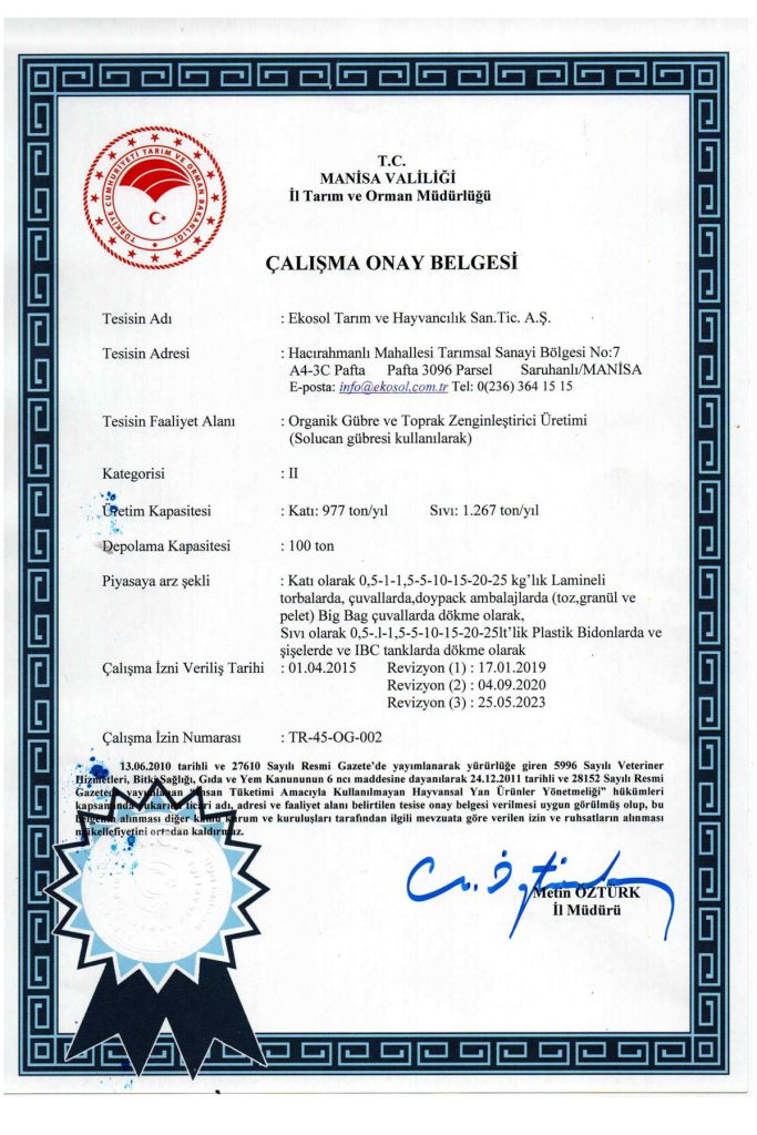 EkosolFarm Çalışma Onay Belgesi
