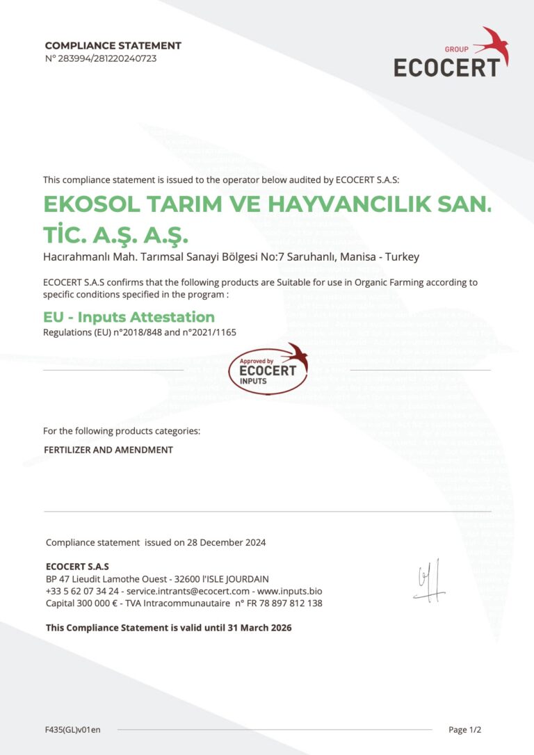 EkosolFarm EcoCert Sertifika