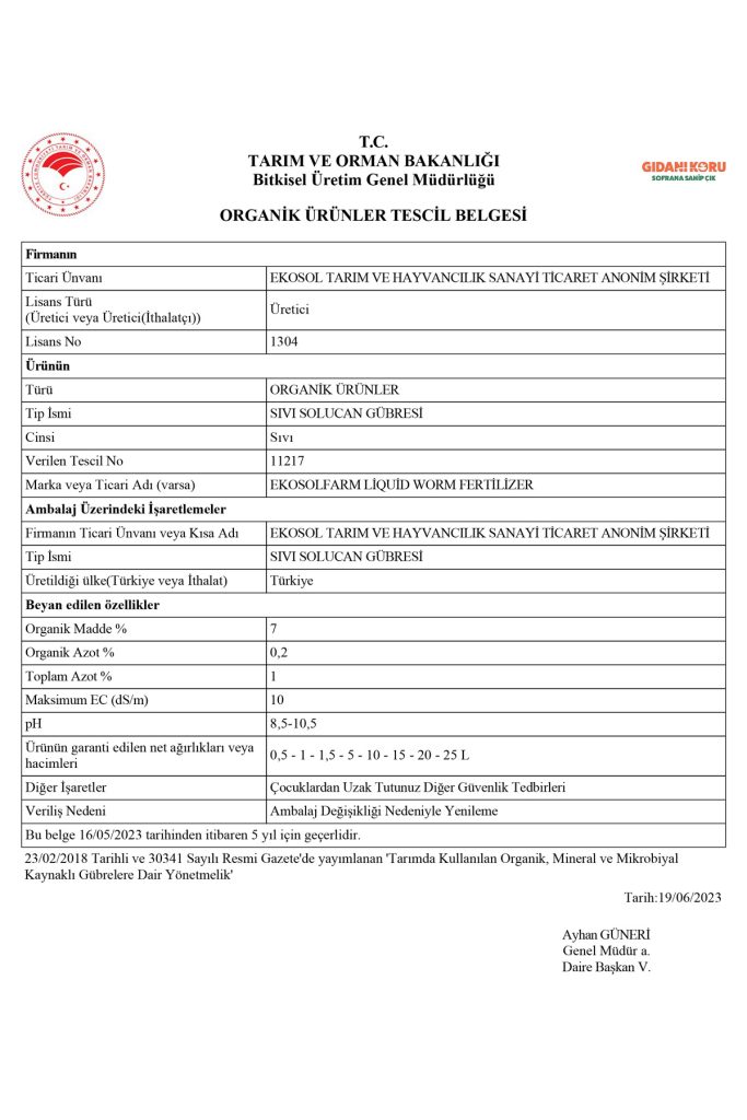 EkosolFarm Sıvı Solucan Gübresi Lisans